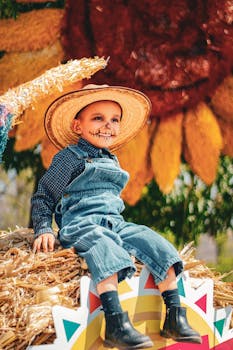 Smiling child with face paint, straw hat, and traditional outfit during Mexican festival outdoors.