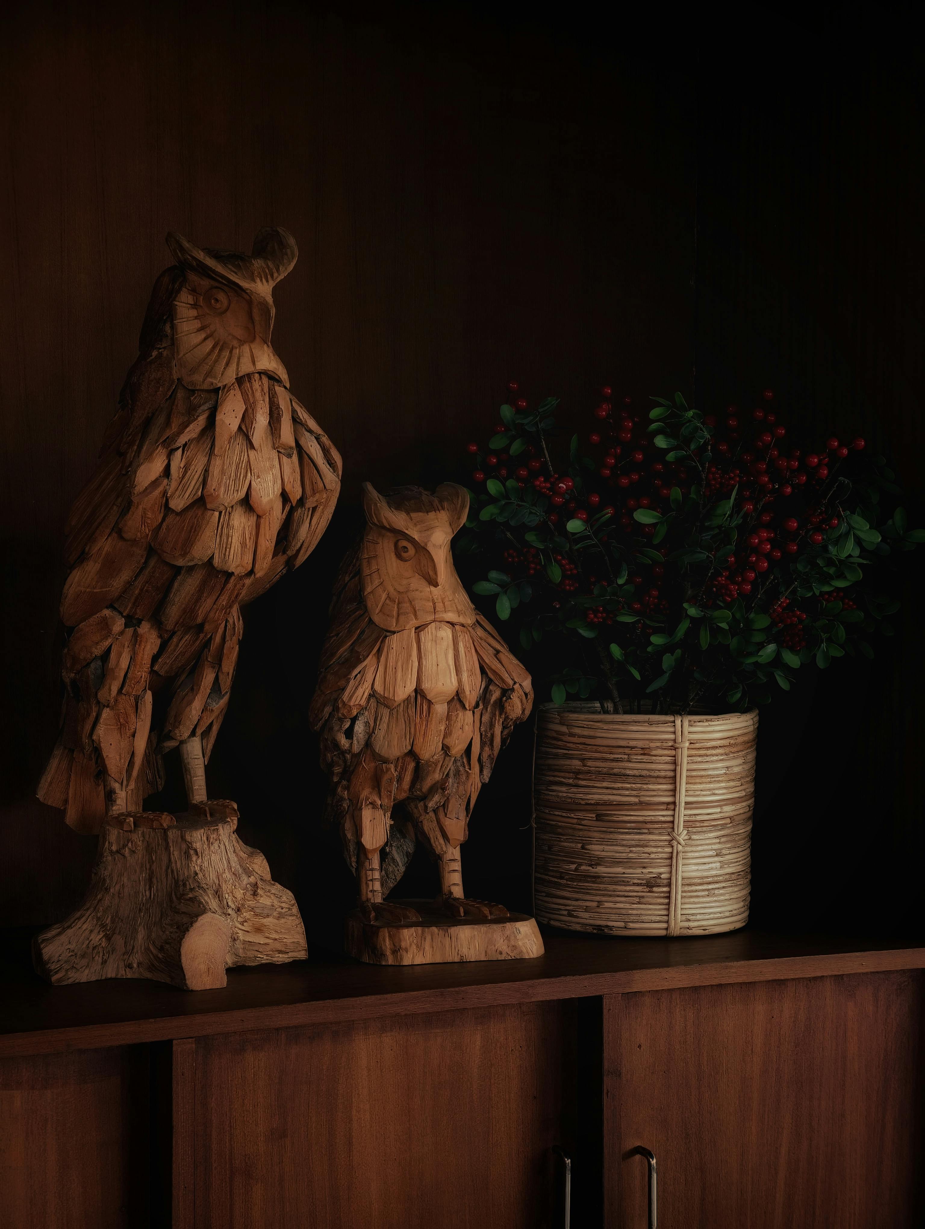 Gratuit Raft din lemn închis la culoare, cu sculpturi de bufnițe și o plantă cu fructe de pădure roșii în ghiveci. Decor interior confortabil și artistic. Fotografie de stoc