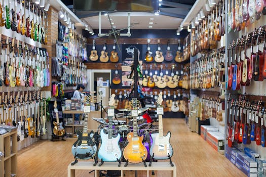 A colorful guitar store interior showcasing a wide range of guitars on display. Perfect for music enthusiasts.