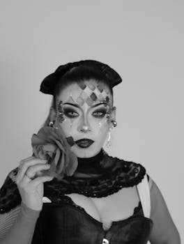 Black and white portrait of a woman with artistic makeup and lace, holding a rose.