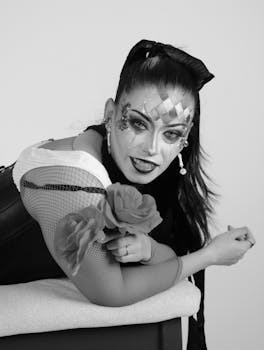 Dramatic gothic makeup portrait featuring intricate face paint and stylish accessories.