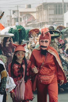 Vibrant costumes and traditional masks in a Huejotzingo parade.