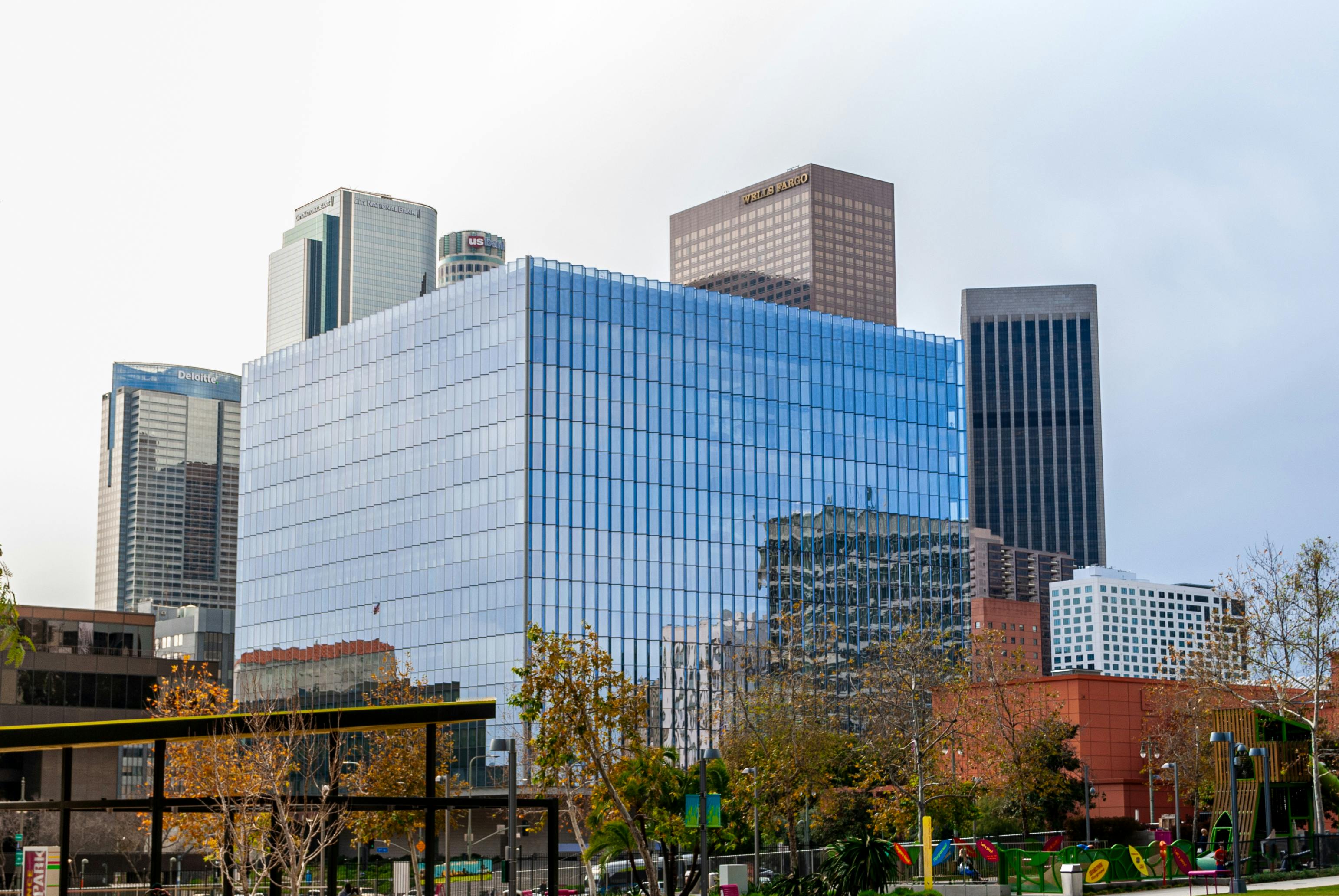 Vibrant modern skyline of downtown Los Angeles, featuring iconic skyscrapers on a clear day.