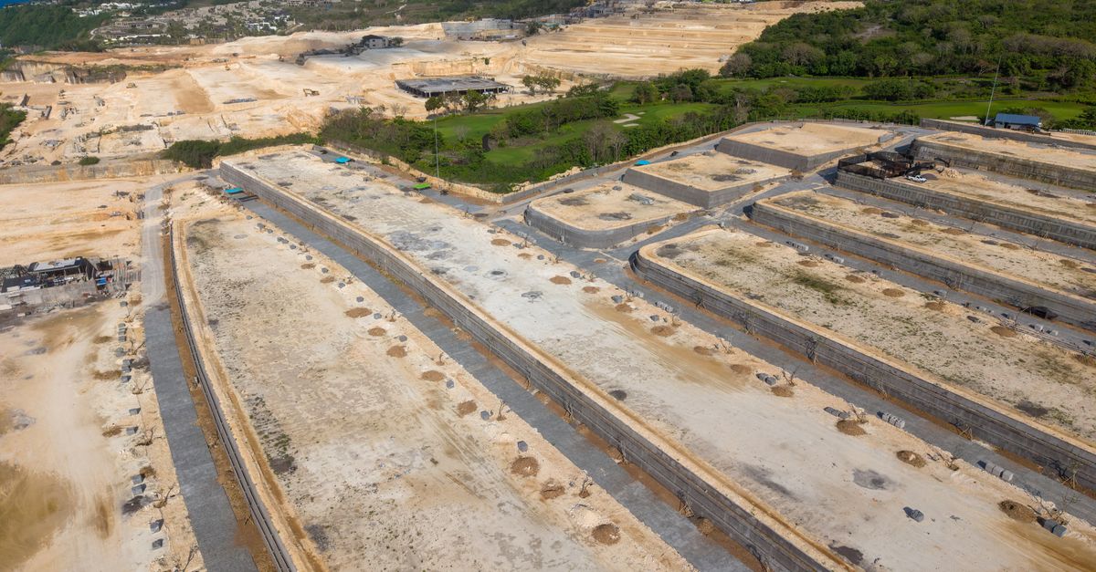 Aerial shot of a large construction site in Bali, Indonesia.