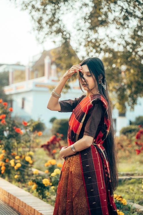 Free A young woman in a colorful saree poses gracefully in a vibrant garden in Cumilla, Bangladesh. Stock Photo