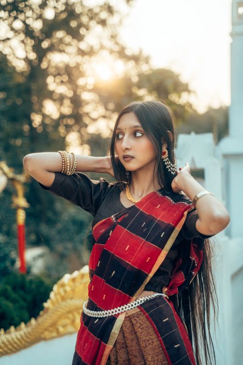 Free Charming portrait of a young woman in a saree at sunset, showcasing traditional fashion. Stock Photo