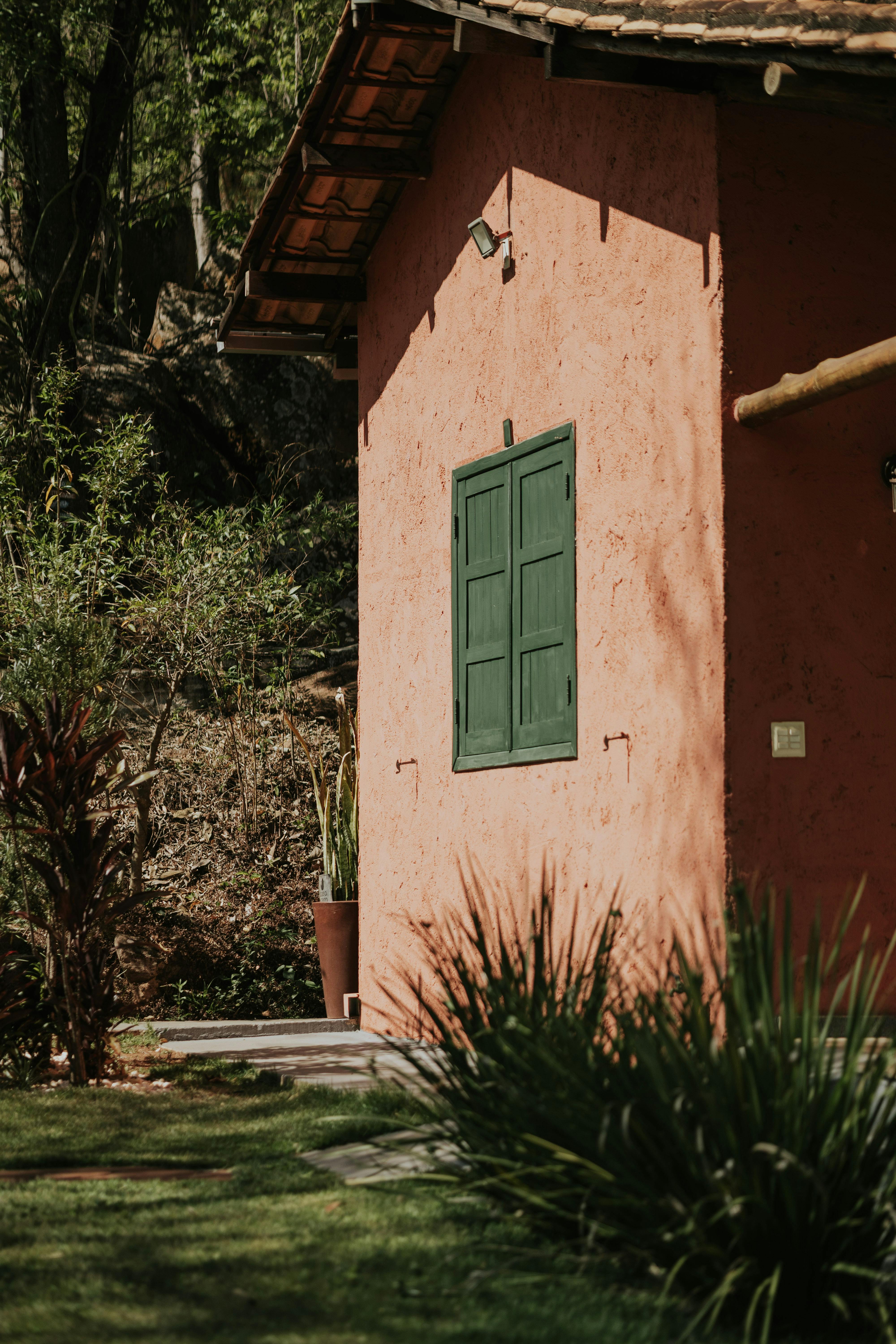 бесплатная Уютный домик в деревенском стиле с зеленым окном, залитый солнечным светом, в окружении пышной зелени, в тихом и спокойном месте на природе. Стоковое фото