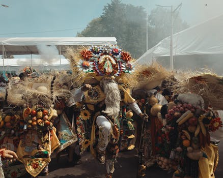 Colorful celebration in Mexico featuring traditional masks and vibrant costumes.