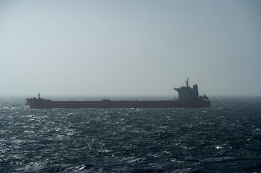 A large cargo ship sails on the choppy ocean waters under a hazy sky, creating a serene maritime scene.