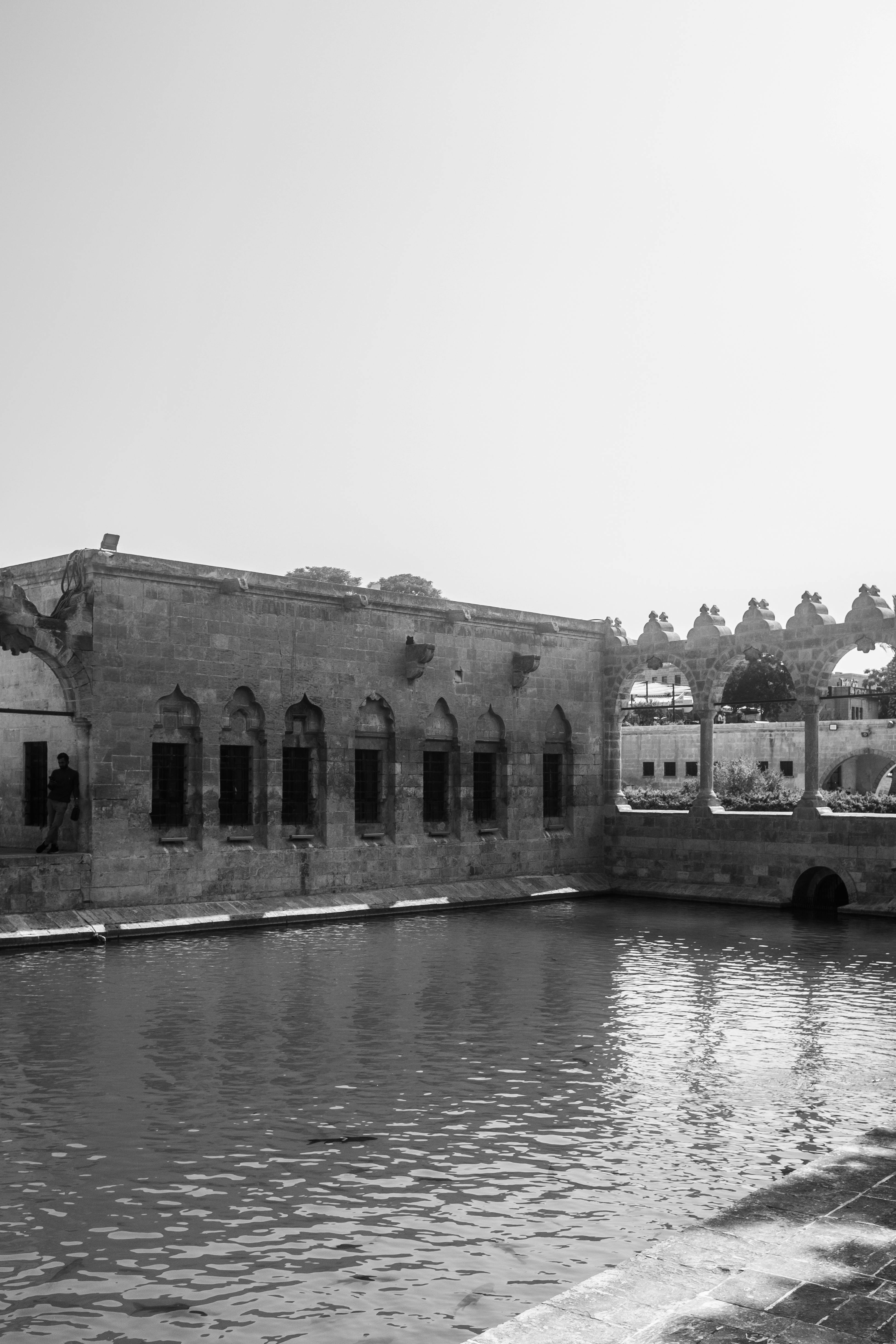 Gratis Svart-hvitt-bilde av en historisk steinbygning som speiler seg i rolig vann. Arkivbilde