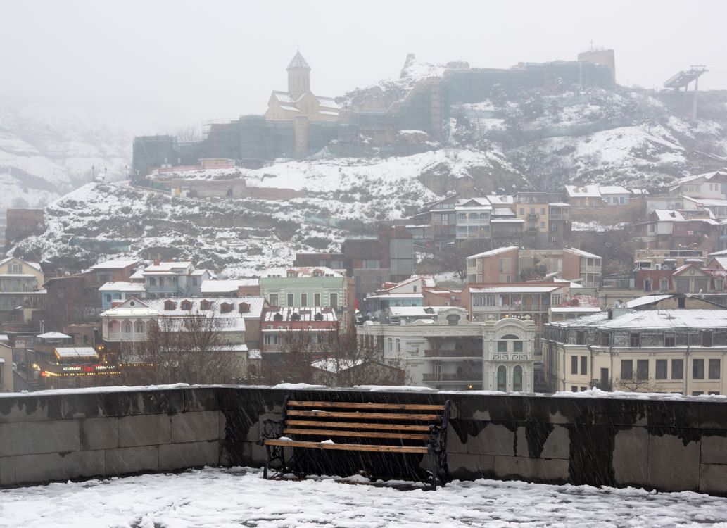 Georgia January Snowy View of Tbilisi with Holy Trinity Cathedral Β· Free Stock Photo