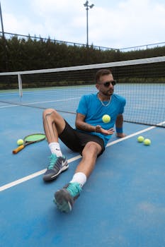 Adult male seated on tennis court with racket and balls, exuding a relaxed vibe.