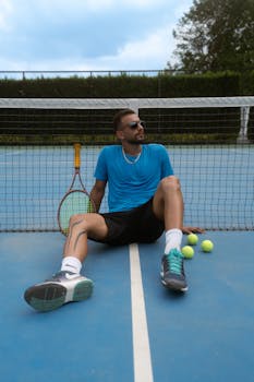 A young man in sportswear relaxes against a tennis net on an outdoor court, with tennis balls and racket.