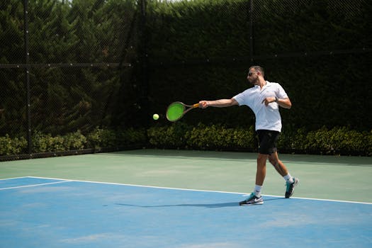 A man swings his racket on a sunny outdoor tennis court in Iran.
