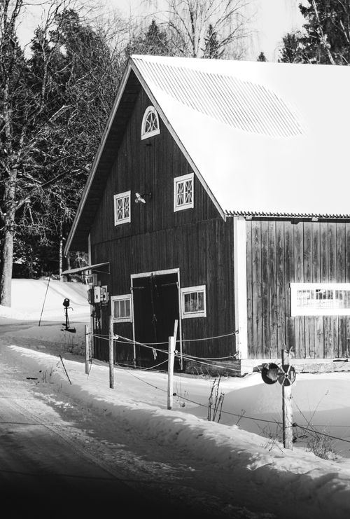 Free Black and white photo of a rustic barn surrounded by snow in a serene winter setting. Stock Photo