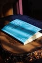 Blue book on wooden surface in warm sunlight