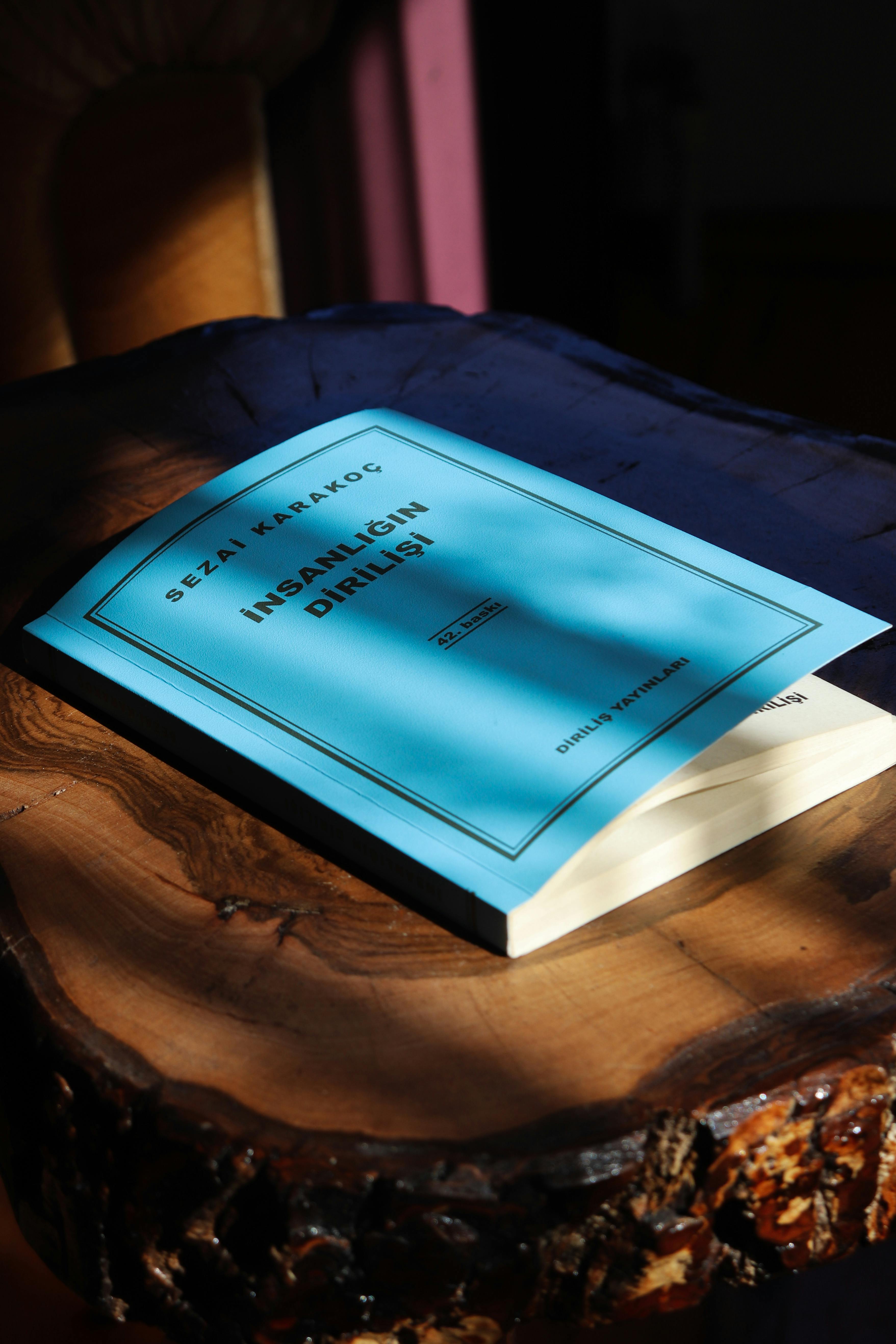 Blue book on wooden surface in warm sunlight