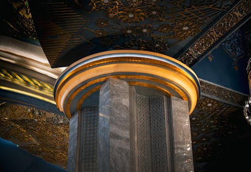 Intricate architectural details of a mosque pillar in Kuwait City with golden embellishments.