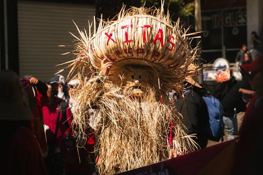 Vibrant portrayal of the Xitas Festival in Mexico showcasing traditional straw costumes and lively cultural expressions.