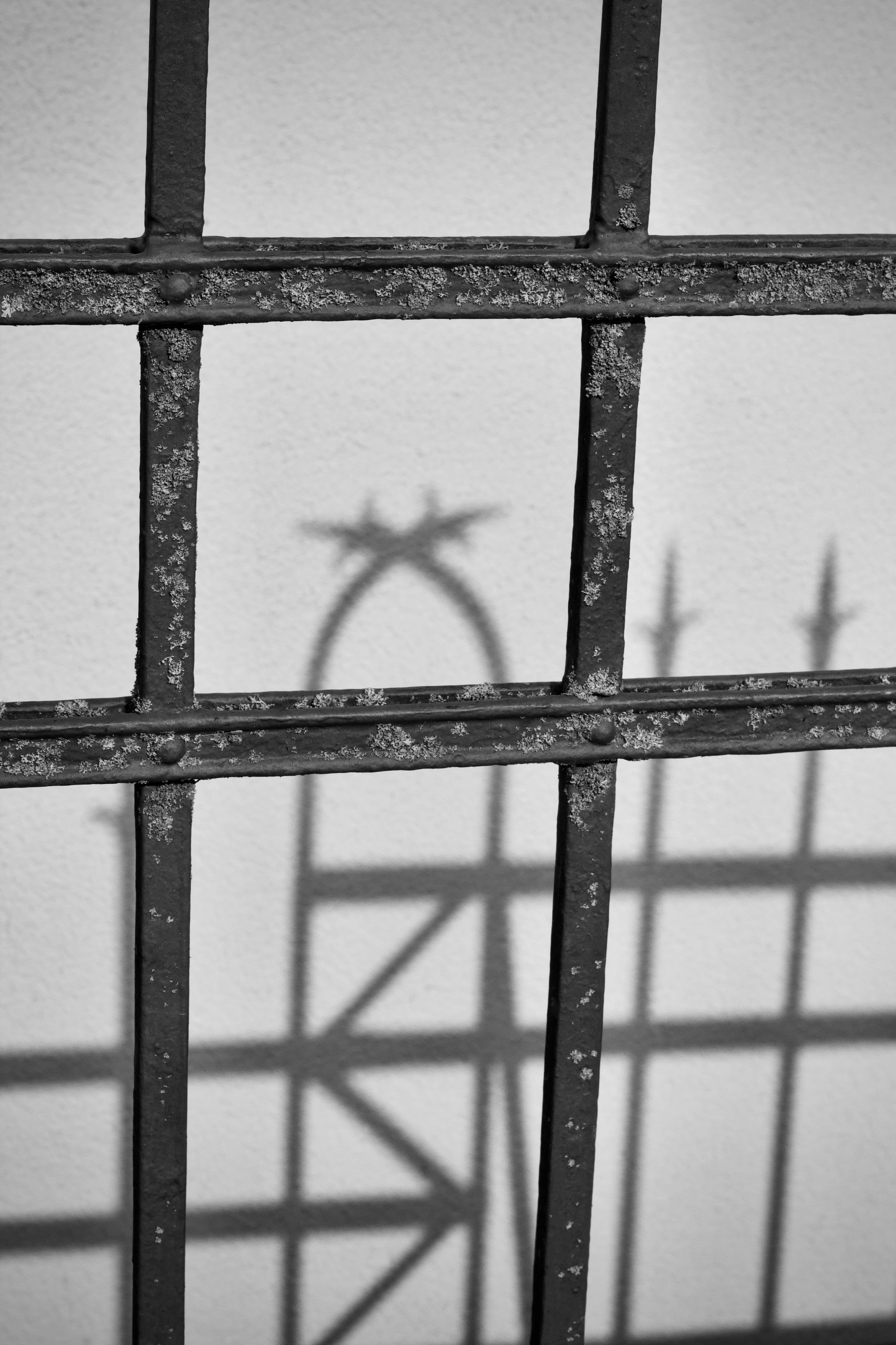 Kostenlos Schwarz-Weiß-Aufnahme von rostigen Eisenstangen, die Schatten an eine Wand werfen. Stock-Foto