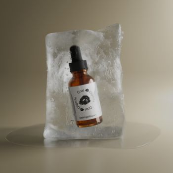 A brown glass serum bottle encased in melting ice, showcasing a minimalist aesthetic.