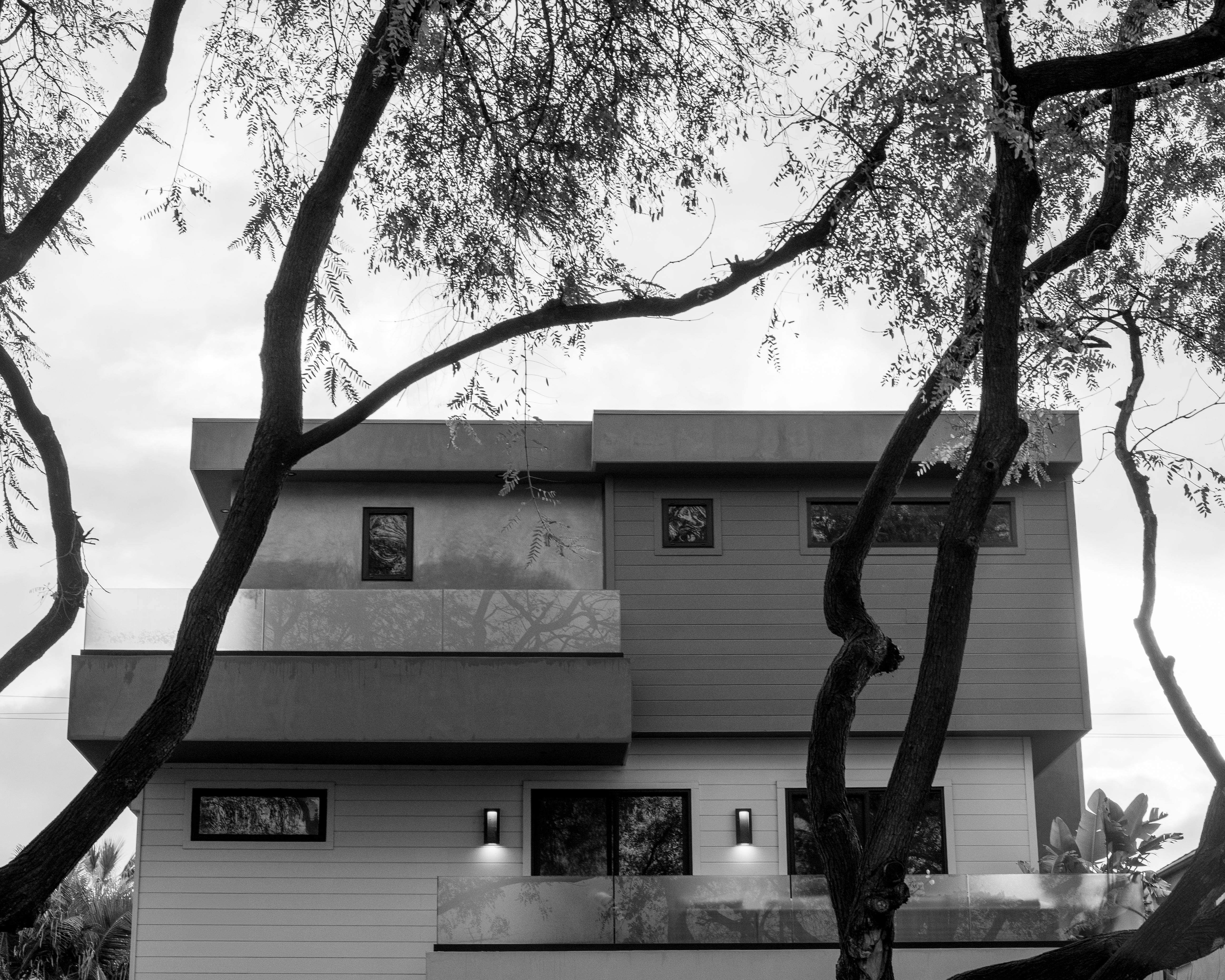 Kostenlos Schwarz-Weiß-Fotografie eines modernen Hauses, eingerahmt von Baumzweigen in West Hollywood. Stock-Foto