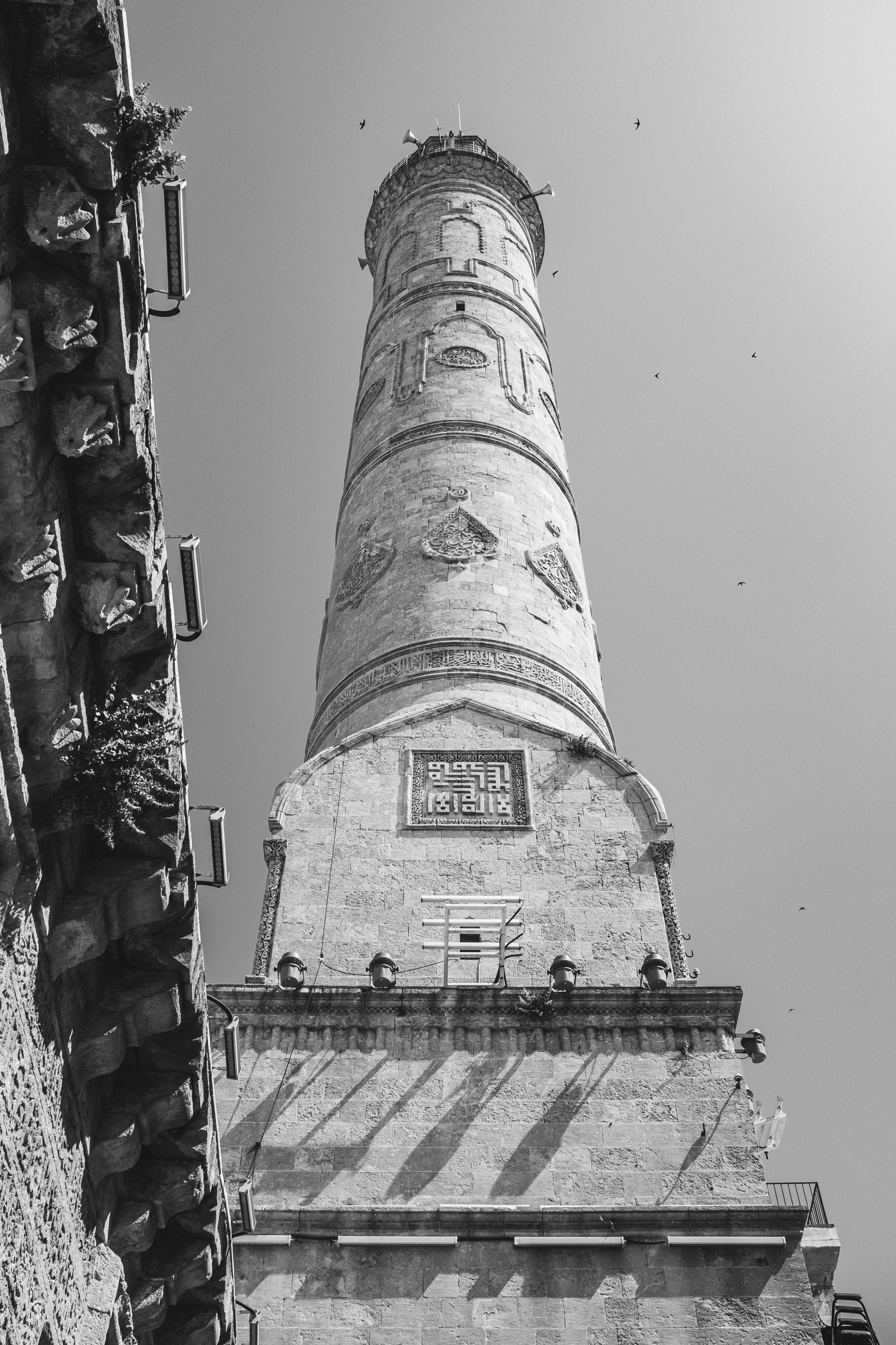 Gratis Foto hitam putih sebuah menara batu bersejarah dengan ukiran rumit, dilihat dari bawah. Foto Stok