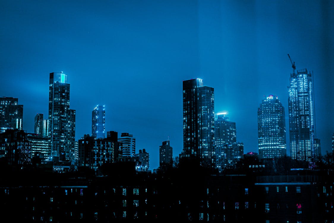 blue city skyline at night