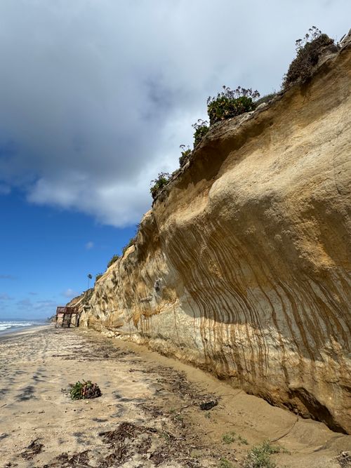 Free Stunning view of the rugged coastal cliffs and sandy beach in Encinitas, California, under blue skies. Stock Photo
