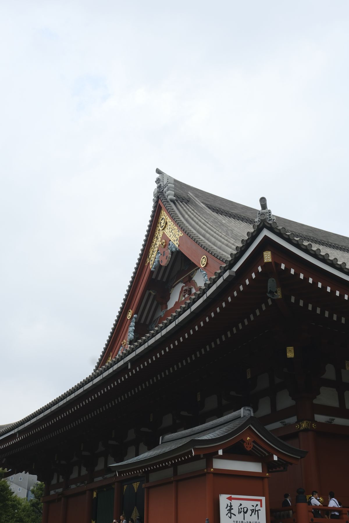 Detailed view of traditional Japanese temple architecture with intricate roof design