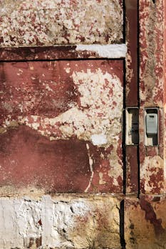A rustic, derelict red wall with peeling paint in an old building in Carmona, Spain.