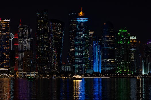 Vibrant night view of Doha's illuminated skyline, reflecting on the water.