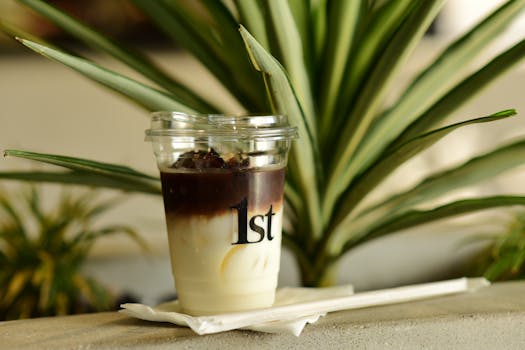 A refreshing iced coffee in a plastic cup with '1st' logo, set against vibrant tropical leaves.