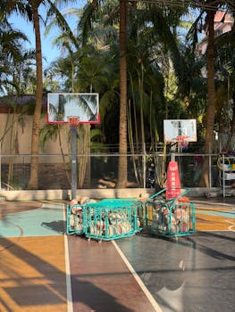 Sunny outdoor basketball court with balls and tropical palm trees.