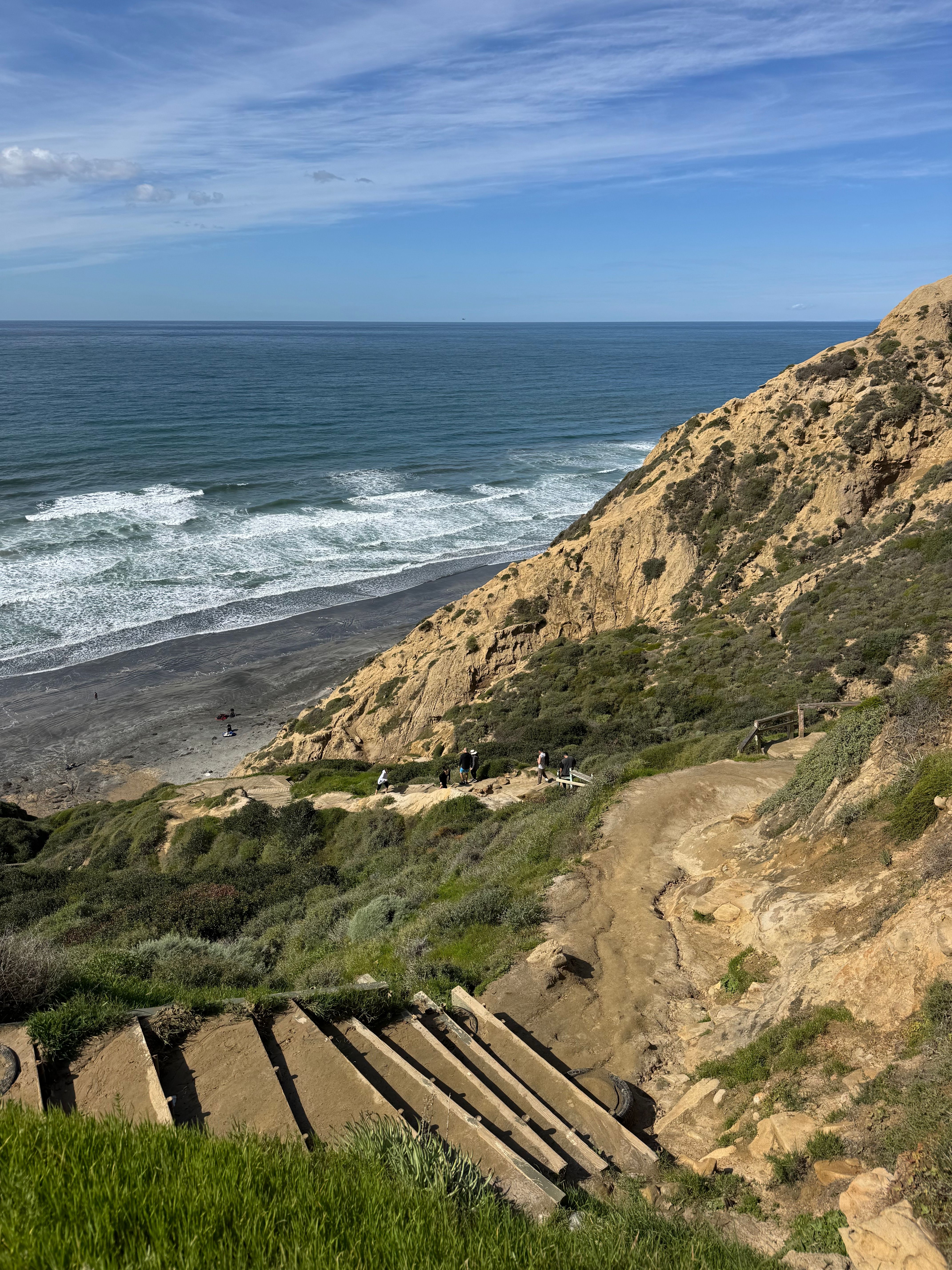 Breathtaking view of Torrey Pines Beach in San Diego with cliffs and ocean waves under a blue sky.