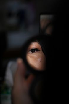 Close-up shot of a single eye in a mirror reflection, capturing a detailed Bali moment.
