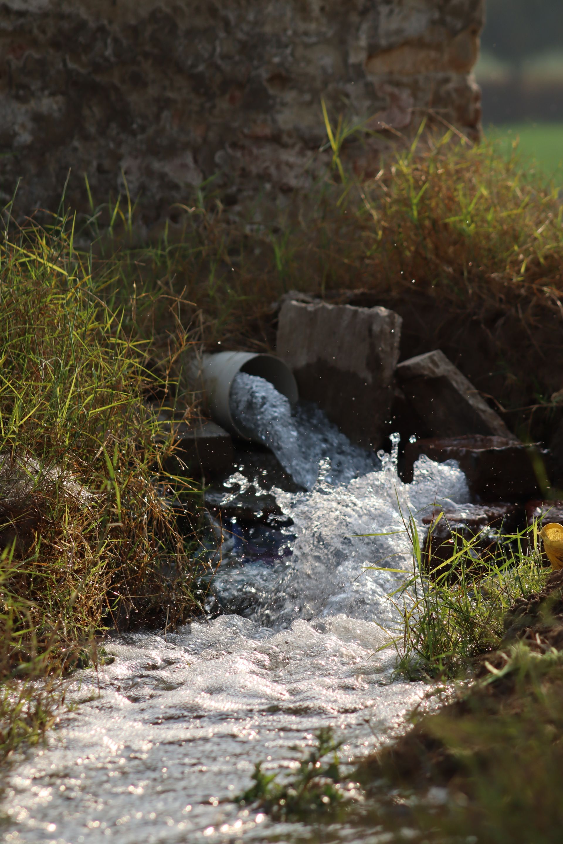 Sewage overflow pipe discharging into stream — century-long drain frame for Albany GA Flin