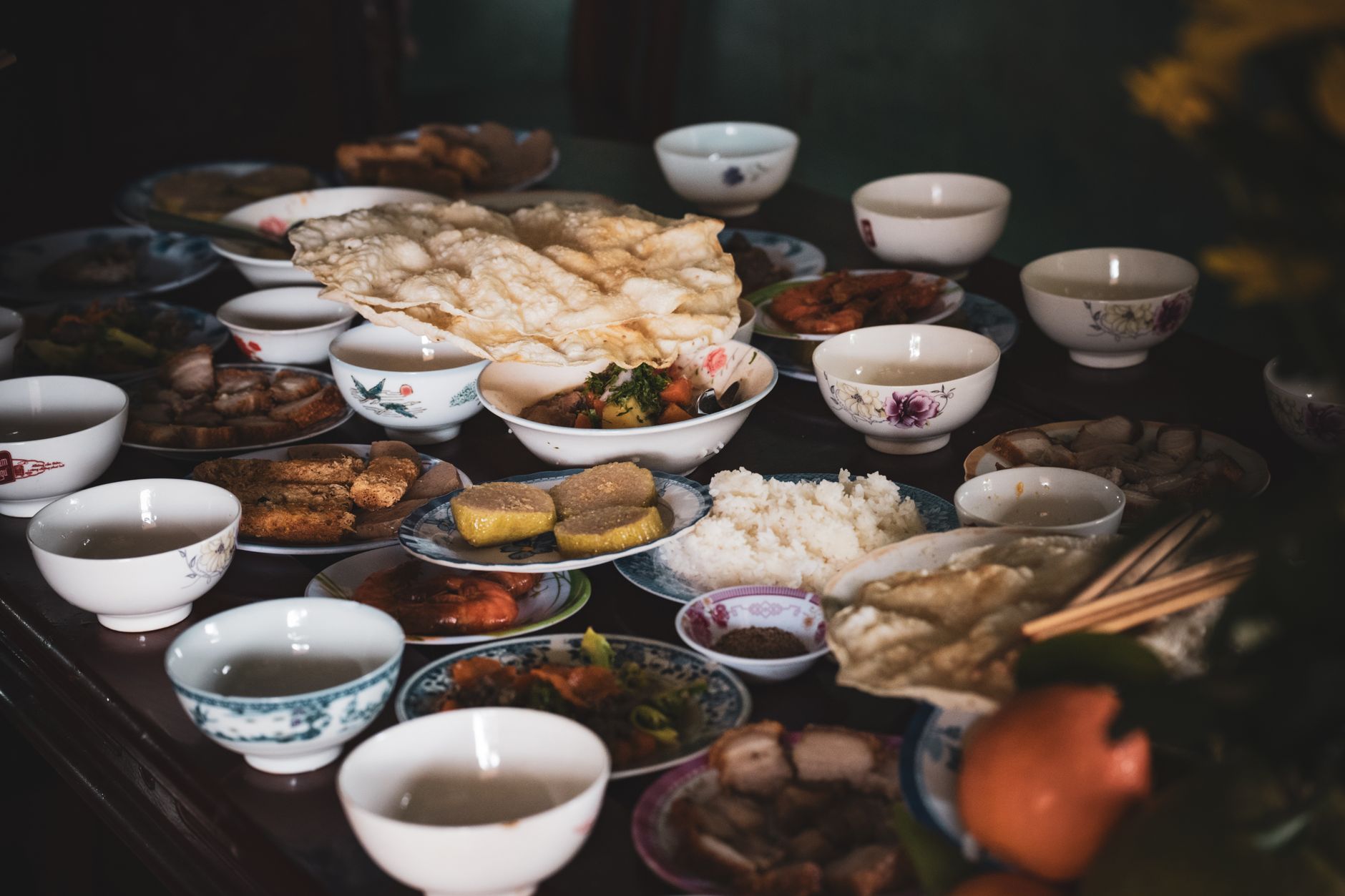 A vibrant display of traditional Vietnamese cuisine set for a festive celebration.