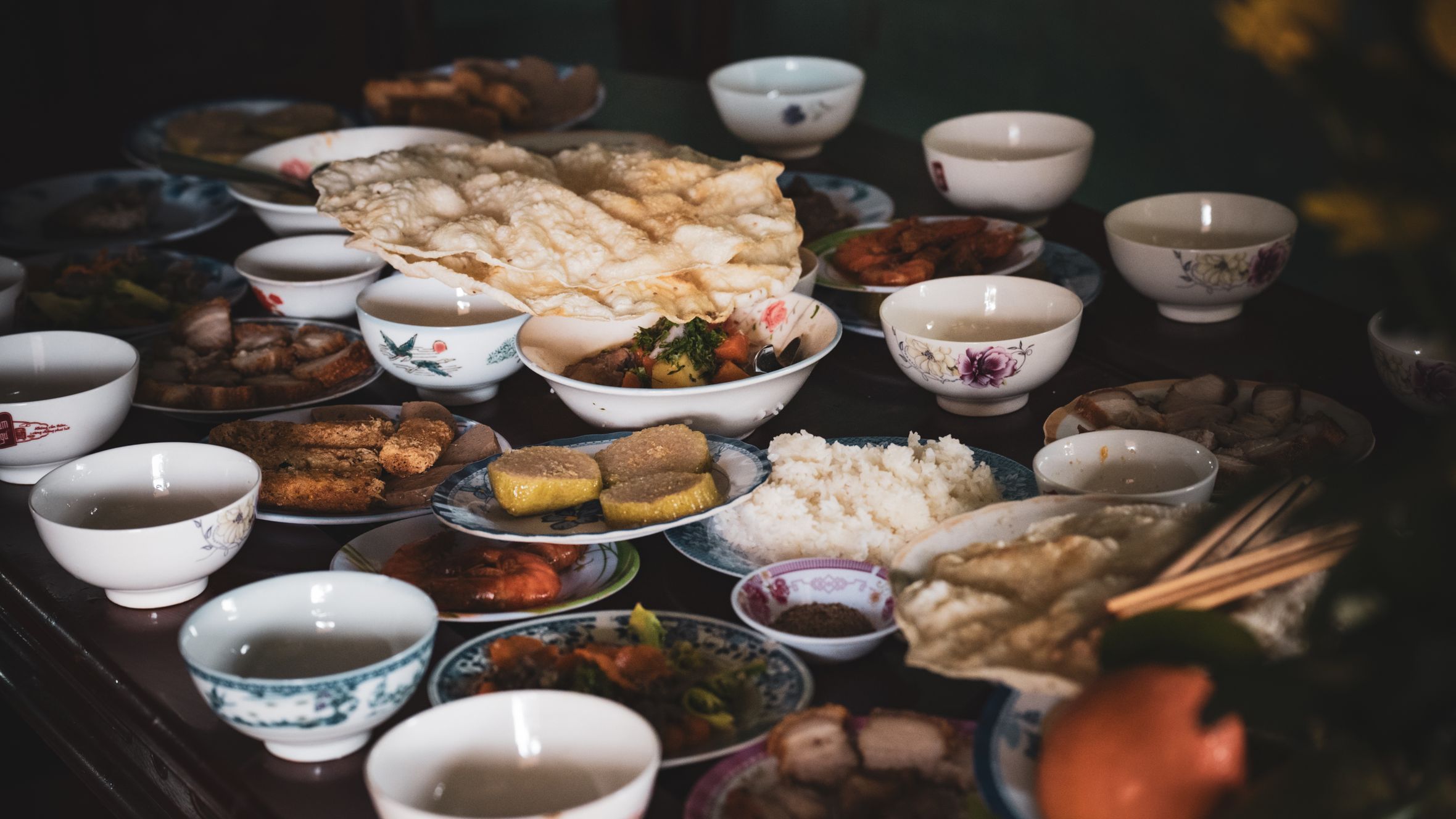 A vibrant display of traditional Vietnamese cuisine set for a festive celebration.