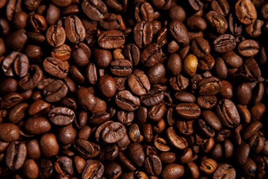Close-up view of roasted coffee beans showcasing rich textures, ideal for food and beverage themes.