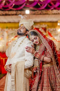 A joyful Indian couple in traditional wedding attire, embodying cultural elegance and connection.
