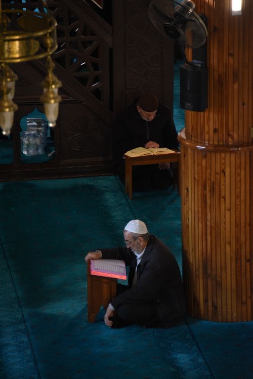Free Men read peacefully inside a beautifully decorated mosque, immersed in study. Stock Photo