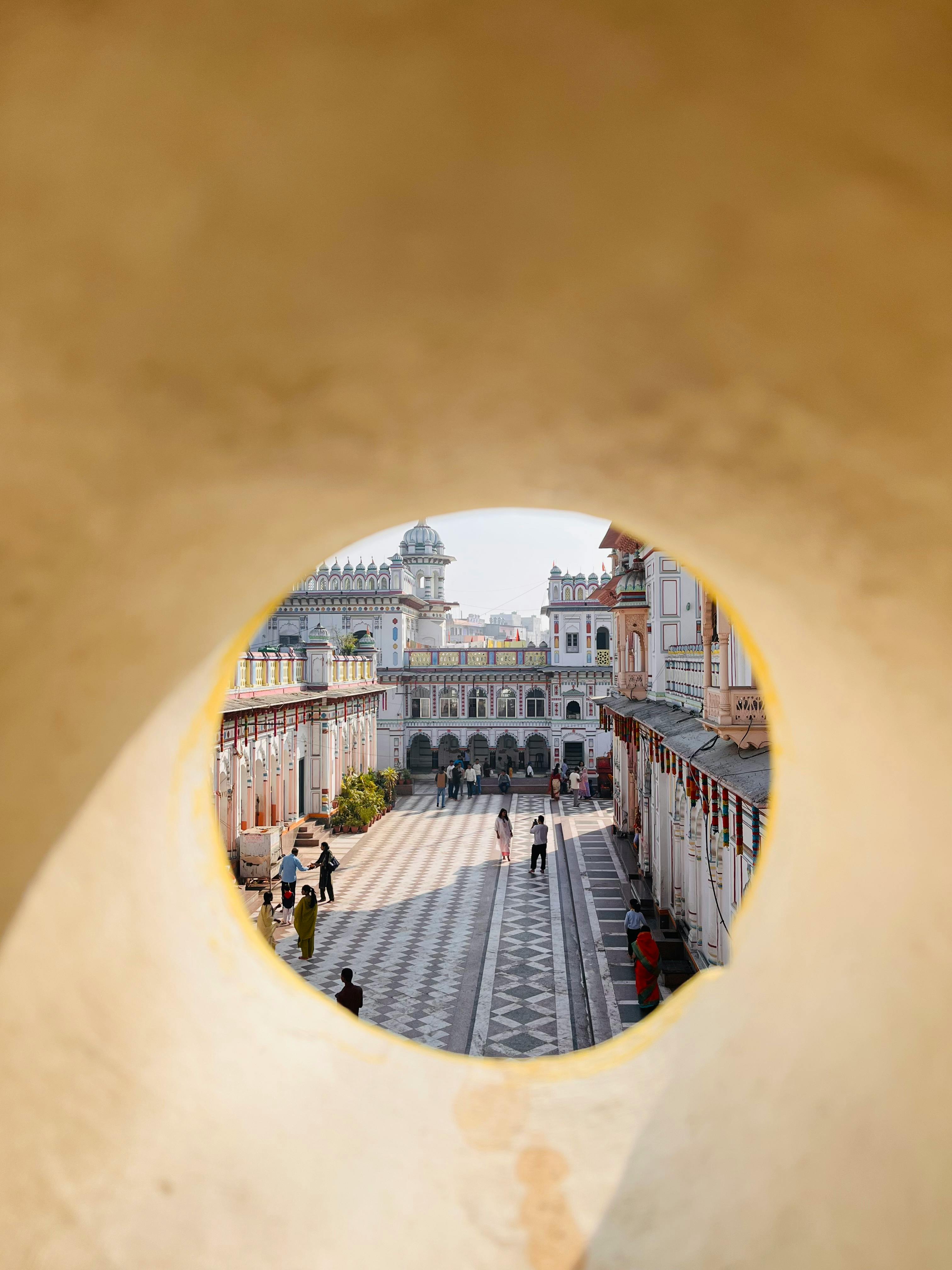 Free View through an archway of the historic Janaki Mandir in Janakpur, Nepal. Stock Photo
