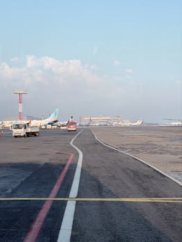 A runway at the airport featuring airplanes and service vehicles under a clear blue sky.