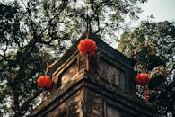 Traditional Vietnamese Pagoda with Red Lanterns
