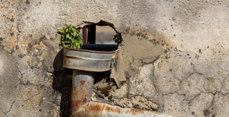 A rusty drain pipe set into a weathered exterior wall — the kind of unsealed penetration that lets Norway rats walk in from the drain