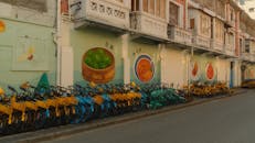 Colorful Bicycles Lined in a Street of Shanghai