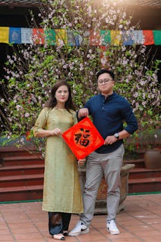 Asian couple holding red banner with Chinese character for prosperity, celebrating Lunar New Year outdoors.