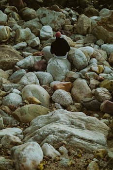 一个人坐在大石块中，显得孤独