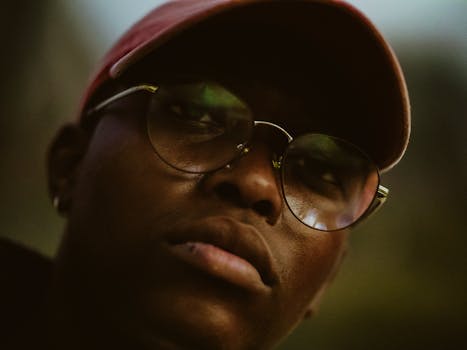 A close-up portrait of a man wearing glasses and a cap at sunset, showcasing modern fashion and style.